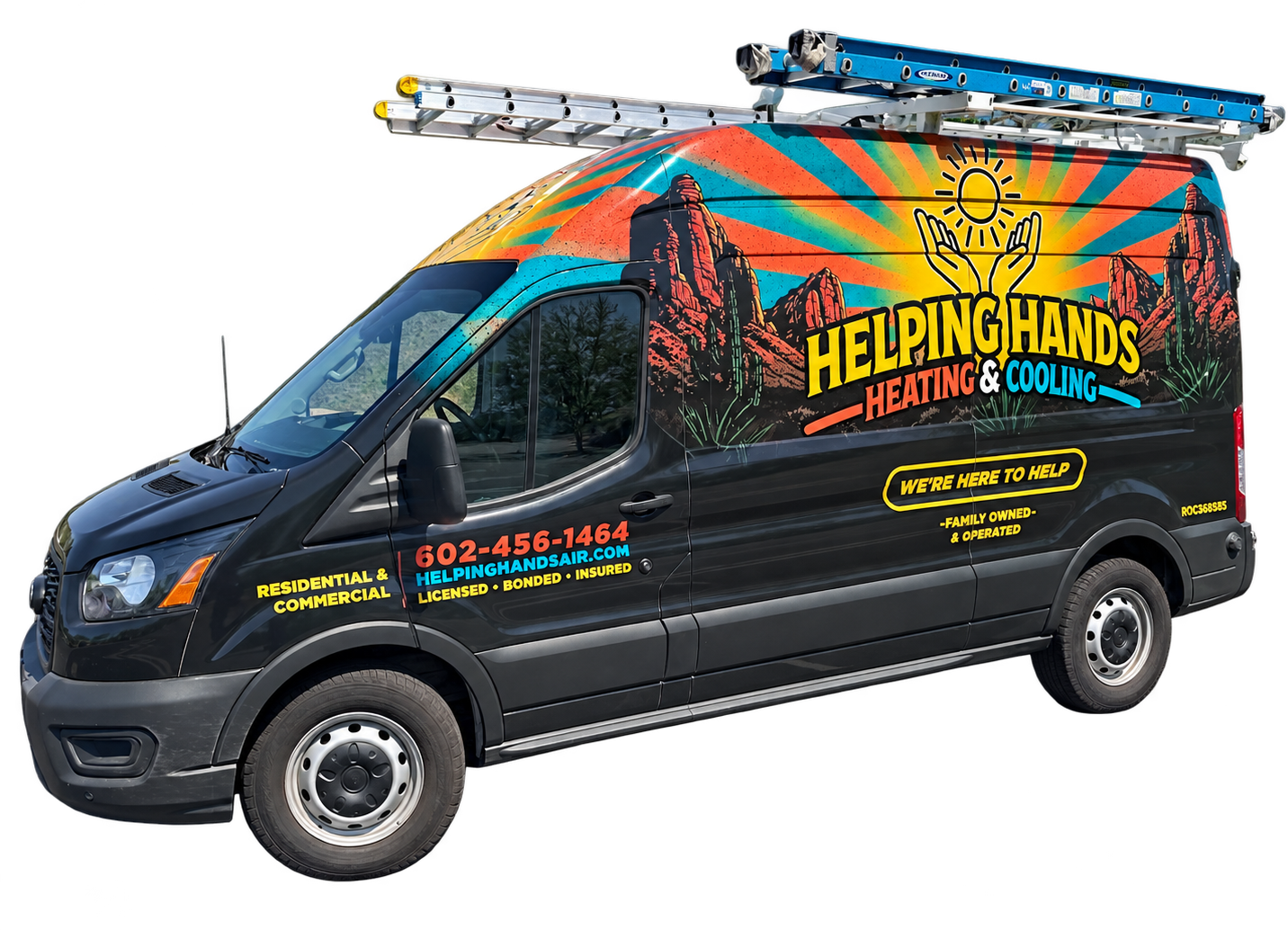 Helping Hands Heating & Cooling service van with the desert sunburst wrap and ladder rack